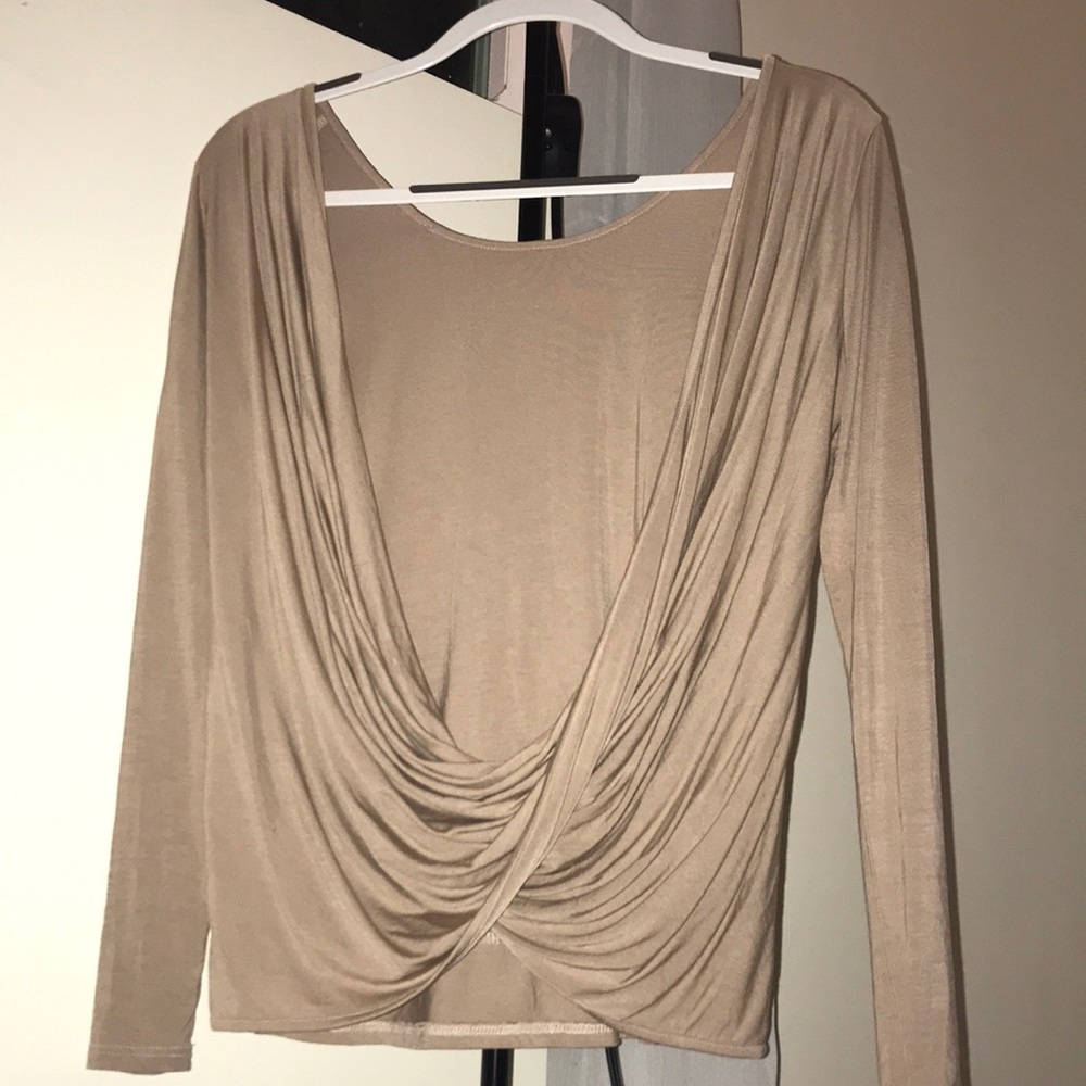 nude long sleeve draped open front shirt